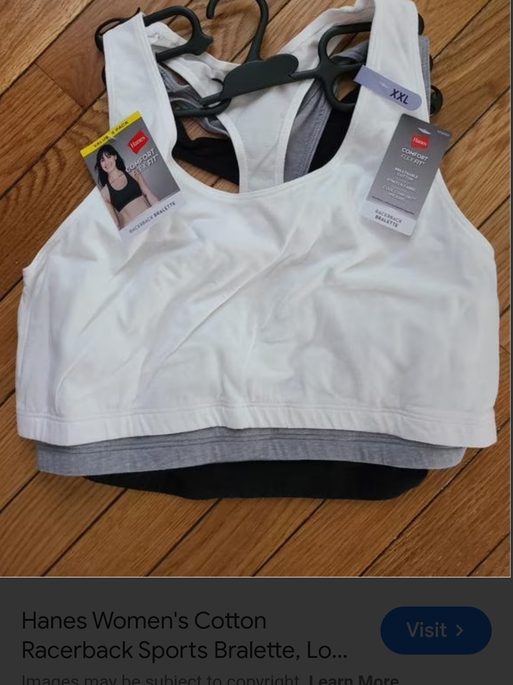 Hanes Women's Racerback Cotton Sports Bralettes - White, Gray, Black (3-Pack)